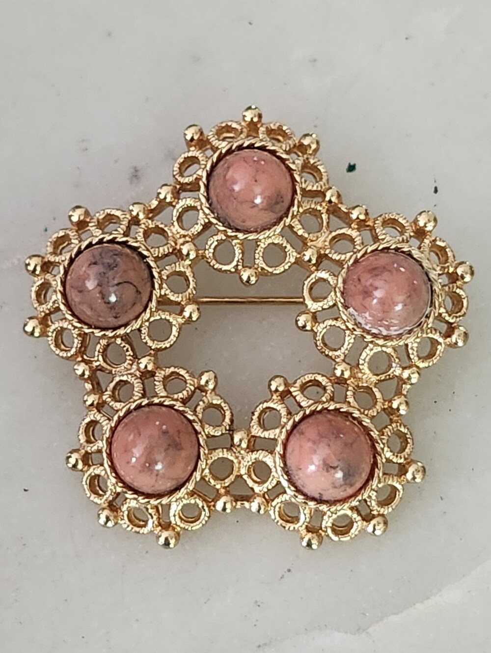 Vtg Sarah Coventry "Valencia" Gold Tone Filigree Brooch with Faux Coral Accents